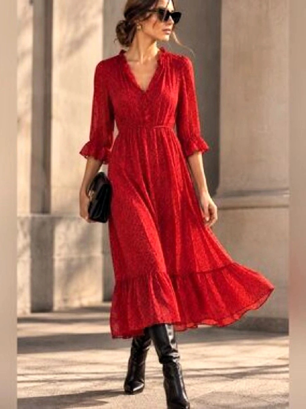 Zara Red Polka Dot Midi Dress in Red & Black Size Large perfect for layering